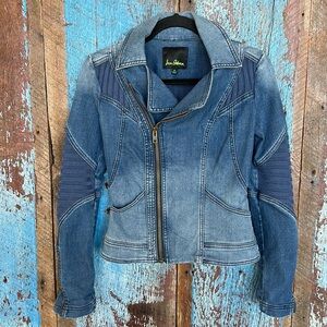 Sam Edelman Asymmetrical Knit Denim Zip Up Moto Style Jean Jacket Size XS